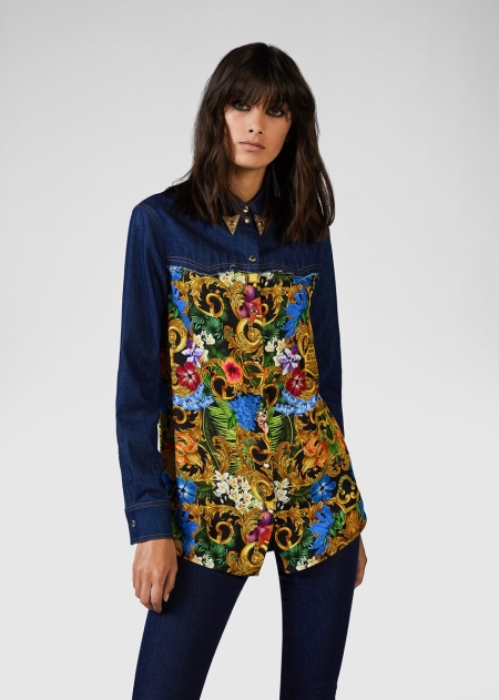 Camasa Denim Versace Tropical Baroque Insert Dama | QUOGFLH-76